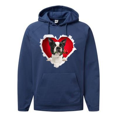 Boston Terrier Dog Rose Heart Valentines Day Couple Funny Gift Performance Fleece Hoodie