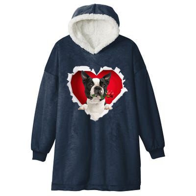 Boston Terrier Dog Rose Heart Valentines Day Couple Funny Gift Hooded Wearable Blanket