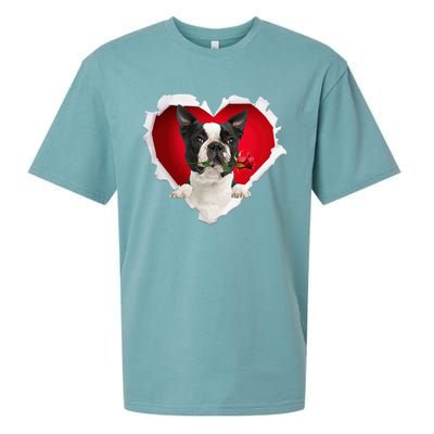 Boston Terrier Dog Rose Heart Valentines Day Couple Funny Gift Sueded Cloud Jersey T-Shirt