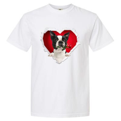 Boston Terrier Dog Rose Heart Valentines Day Couple Funny Gift Garment-Dyed Heavyweight T-Shirt