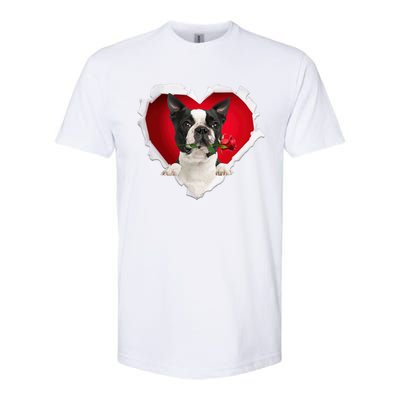 Boston Terrier Dog Rose Heart Valentines Day Couple Funny Gift Softstyle CVC T-Shirt