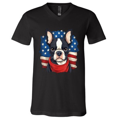 Boston Terrier Dog Patriotic Puppy American Flag 4th Of Jul V-Neck T-Shirt