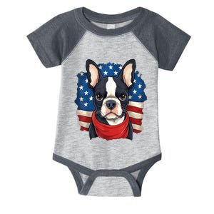 Boston Terrier Dog Patriotic Puppy American Flag 4th Of Jul Infant Baby Jersey Bodysuit