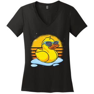 Bath Toy Duckie Cute Ducky Cool Sunglasses Retro Rubber Duck Women's V-Neck T-Shirt