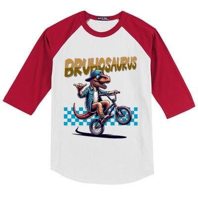 Bruhosaurus Trex Dinosaur Riding Bmx Bike Kids Colorblock Raglan Jersey