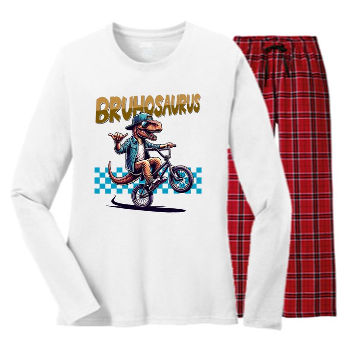 Bruhosaurus Trex Dinosaur Riding Bmx Bike Women's Long Sleeve Flannel Pajama Set 