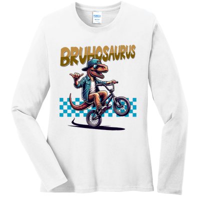 Bruhosaurus Trex Dinosaur Riding Bmx Bike Ladies Long Sleeve Shirt