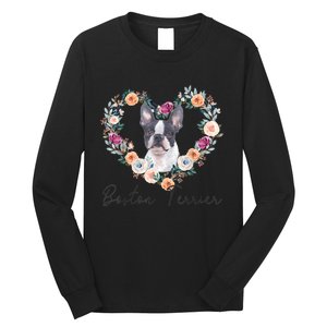 Boston Terrier Dog Flower Heart Funny Mothers Day Gift Long Sleeve Shirt