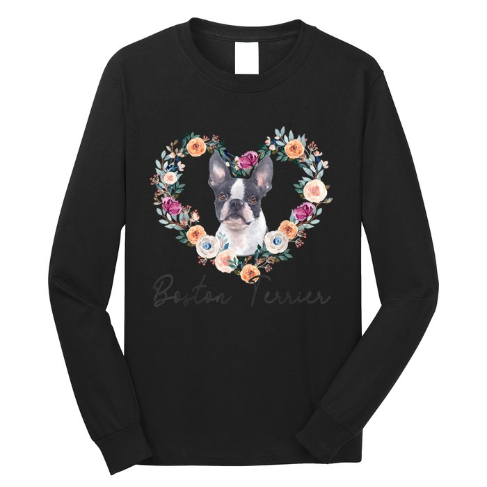 Boston Terrier Dog Flower Heart Funny Mothers Day Gift Long Sleeve Shirt