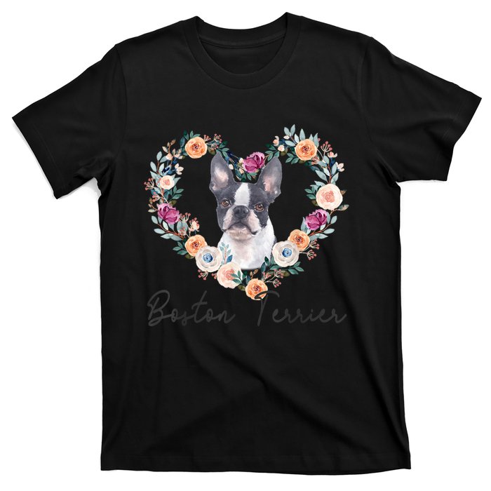 Boston Terrier Dog Flower Heart Funny Mothers Day Gift T-Shirt