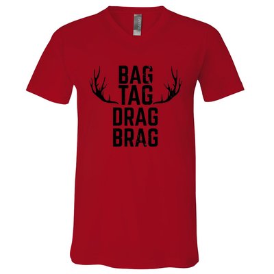 Bag Tag Drag Brag Funny Deer Hunting Design V-Neck T-Shirt