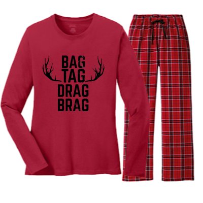 Bag Tag Drag Brag Funny Deer Hunting Design Women's Long Sleeve Flannel Pajama Set 