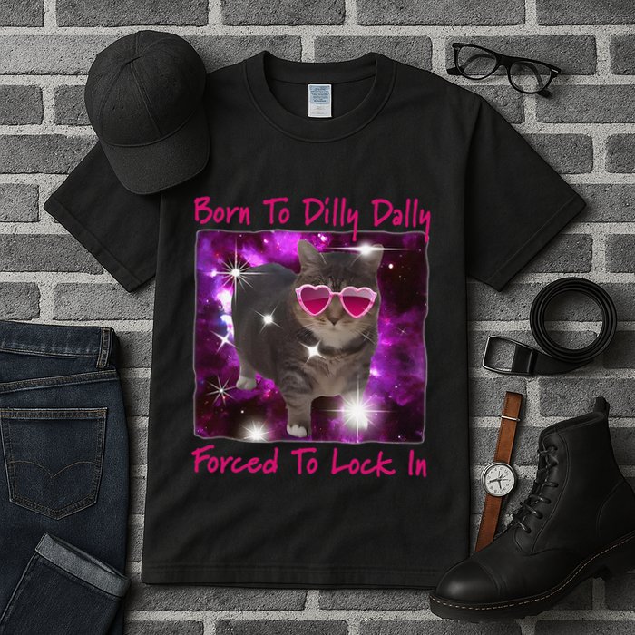 Born To Dilly Dally Forced To Lock In Cat Meme .Png Tall T-Shirt