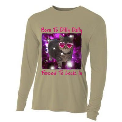 Born To Dilly Dally Forced To Lock In Cat Meme .Png Cooling Performance Long Sleeve Crew