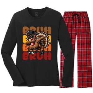 Bruh Turkey Dabbing Thanksgiving Women's Long Sleeve Flannel Pajama Set 