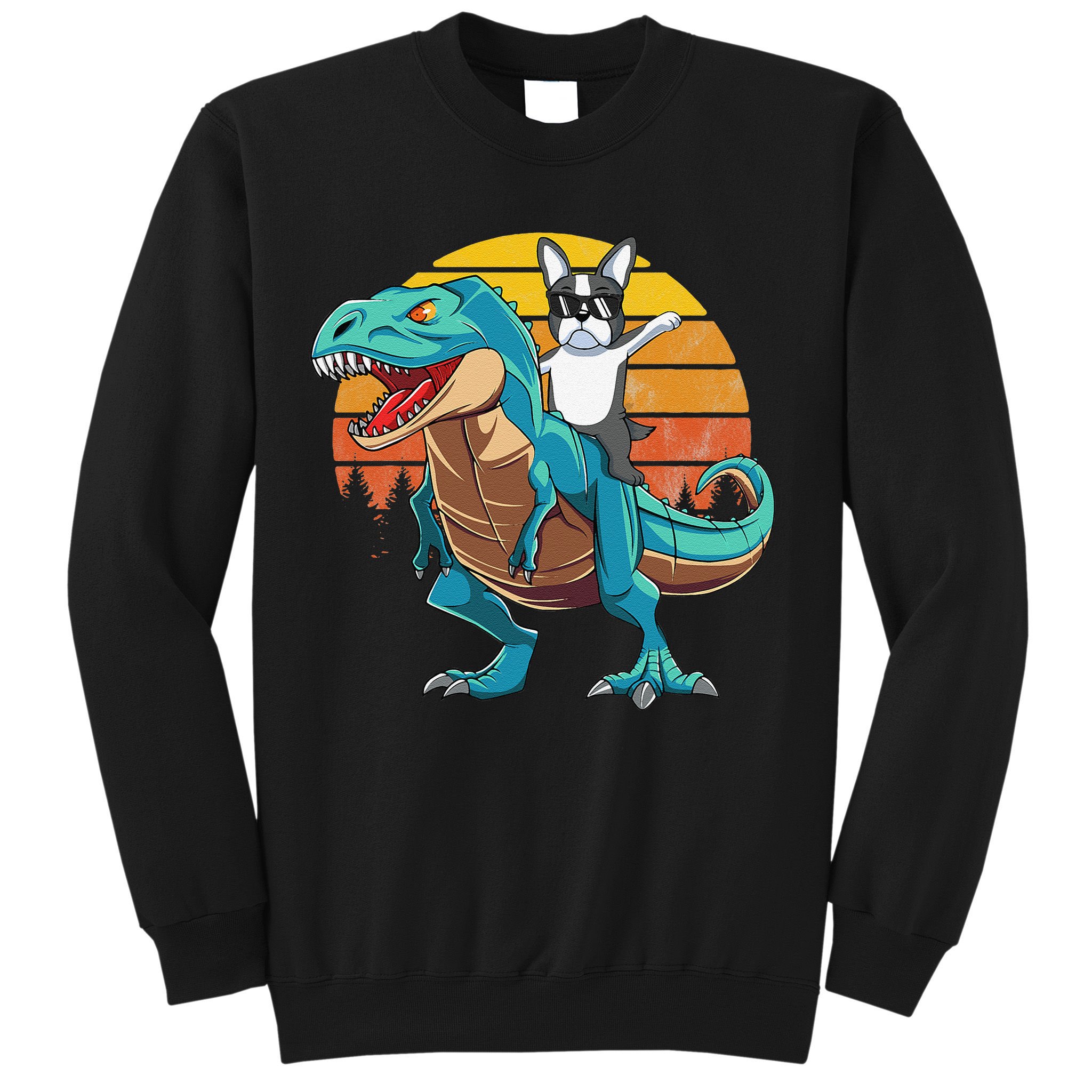 Boston Terrier Dog Riding Dinosaur T Rex Sweatshirt