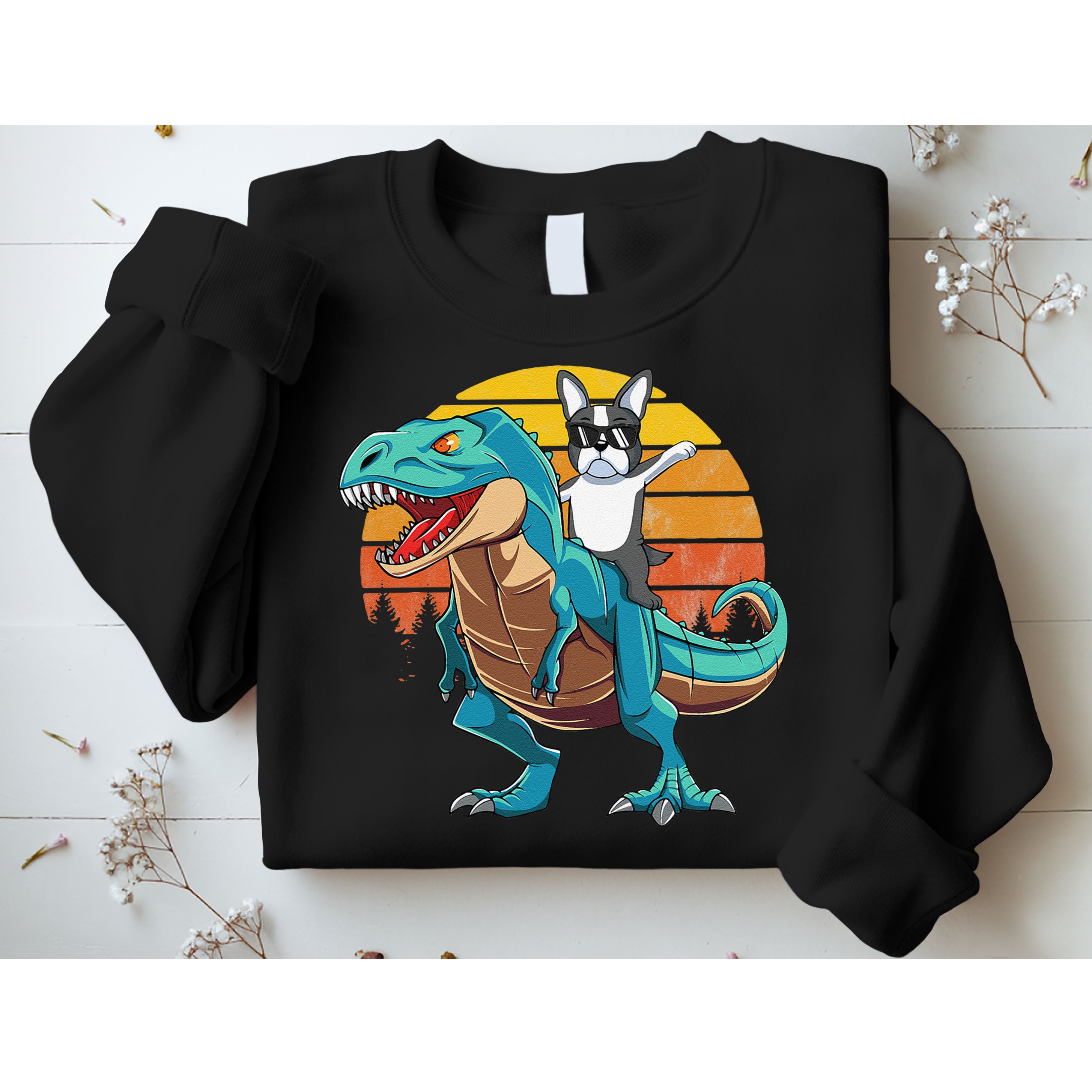 Boston Terrier Dog Riding Dinosaur T Rex Sweatshirt