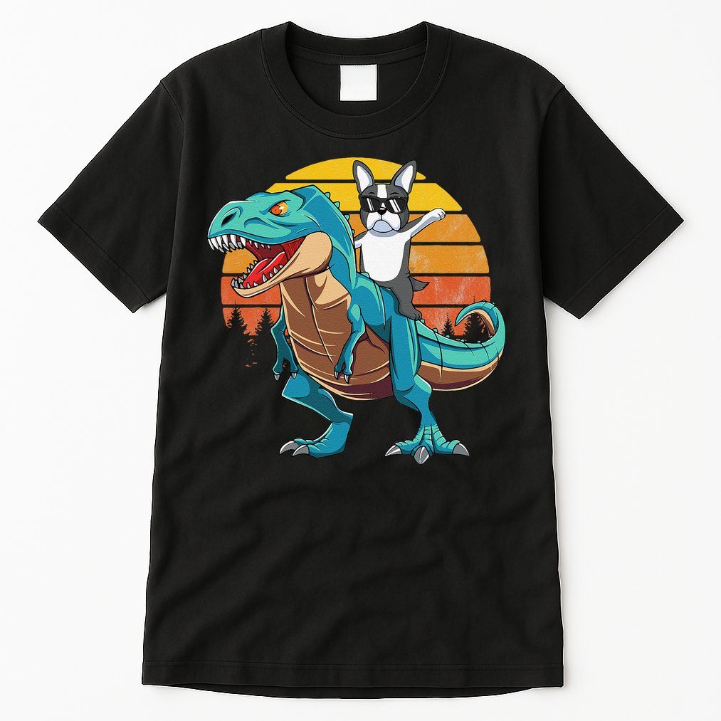 Boston Terrier Dog Riding Dinosaur T Rex Tall T-Shirt