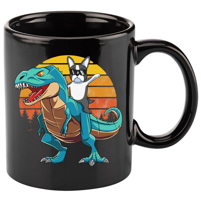 Boston Terrier Dog Riding Dinosaur T Rex 11oz C Handle Ceramic Mug