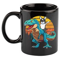 Boston Terrier Dog Riding Dinosaur T Rex 11oz C Handle Ceramic Mug