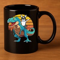 Boston Terrier Dog Riding Dinosaur T Rex 11oz C Handle Ceramic Mug