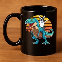 Boston Terrier Dog Riding Dinosaur T Rex 11oz C Handle Ceramic Mug