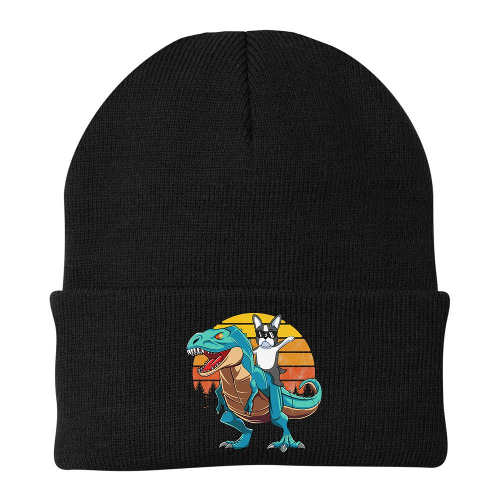 Boston Terrier Dog Riding Dinosaur T Rex Beanie