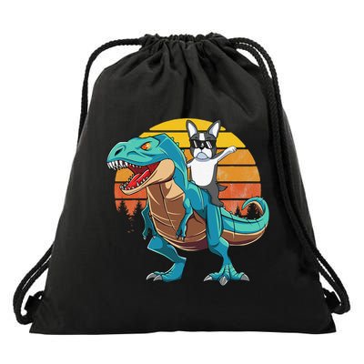 Boston Terrier Dog Riding Dinosaur T Rex Drawstring Bag
