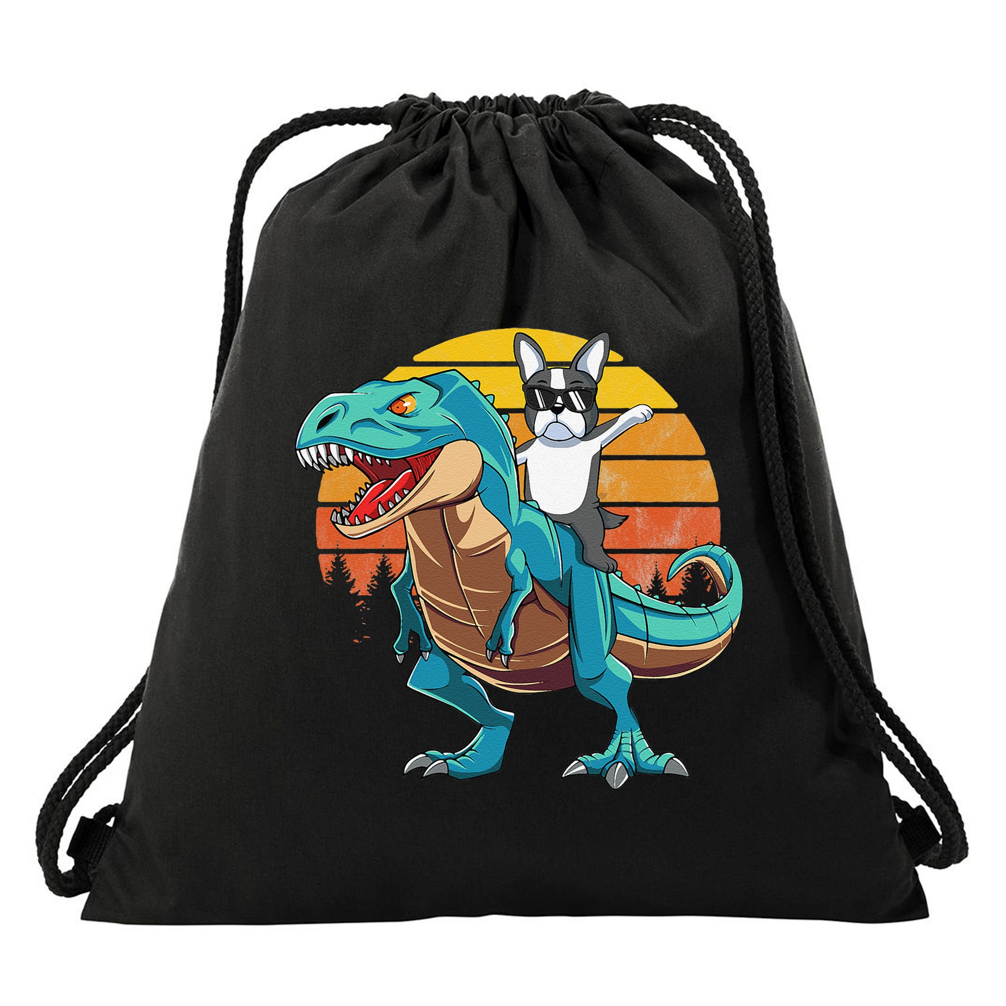 Boston Terrier Dog Riding Dinosaur T Rex Drawstring Bag