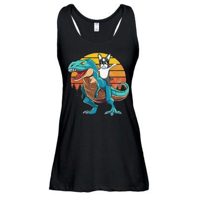 Boston Terrier Dog Riding Dinosaur T Rex Ladies Essential Flowy Tank
