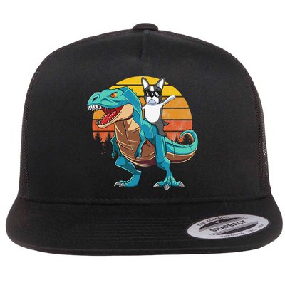 Boston Terrier Dog Riding Dinosaur T Rex Flat Bill Trucker Hat