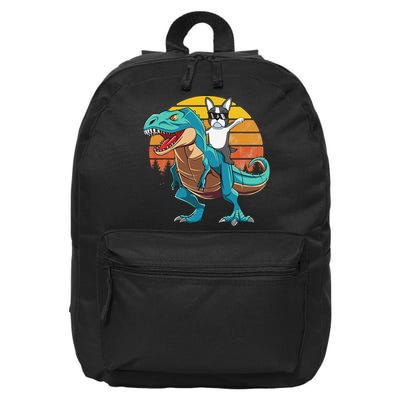 Boston Terrier Dog Riding Dinosaur T Rex 16 in Basic Backpack
