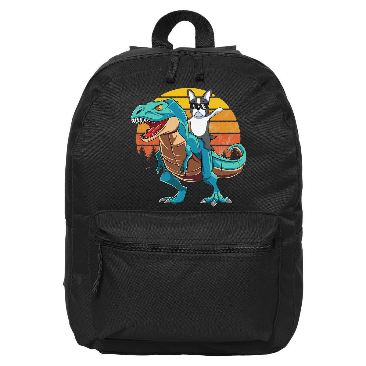 Boston Terrier Dog Riding Dinosaur T Rex 16 in Basic Backpack