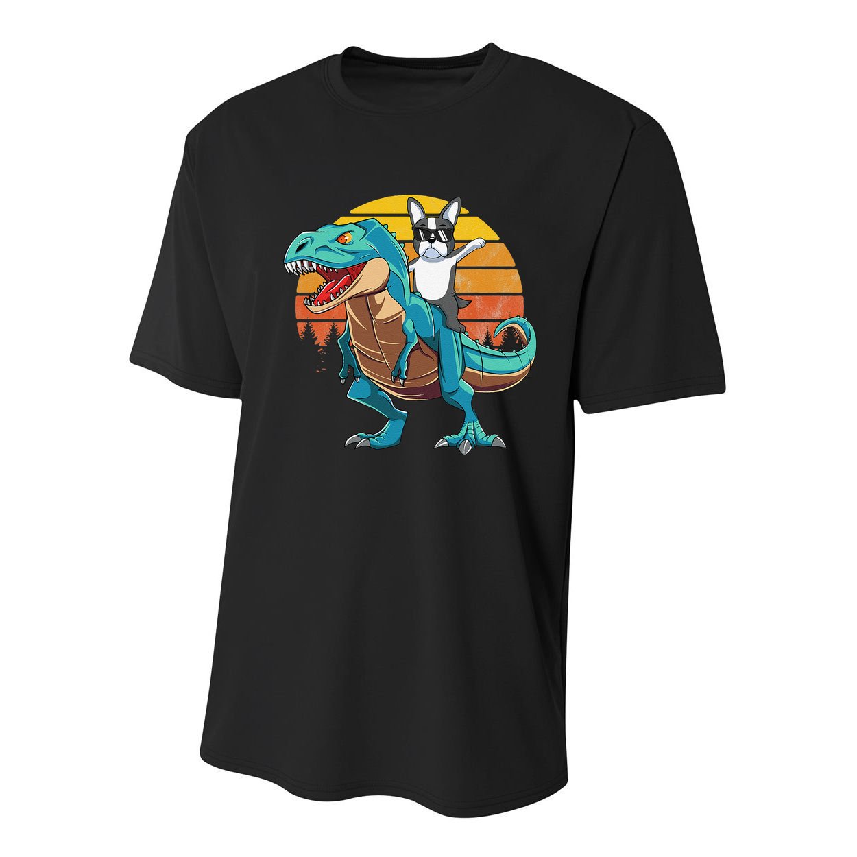 Boston Terrier Dog Riding Dinosaur T Rex Youth Performance Sprint T-Shirt