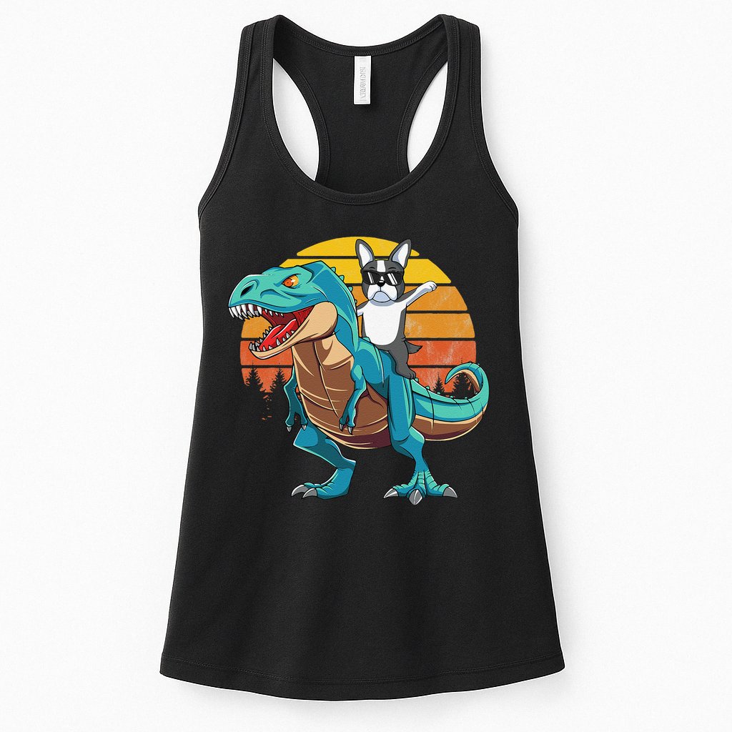 Boston Terrier Dog Riding Dinosaur T Rex Womens Tank Top