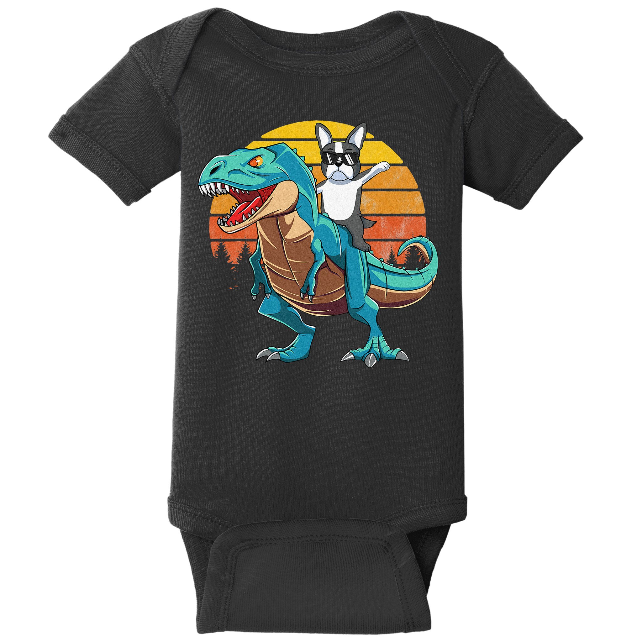 Boston Terrier Dog Riding Dinosaur T Rex Baby Bodysuit