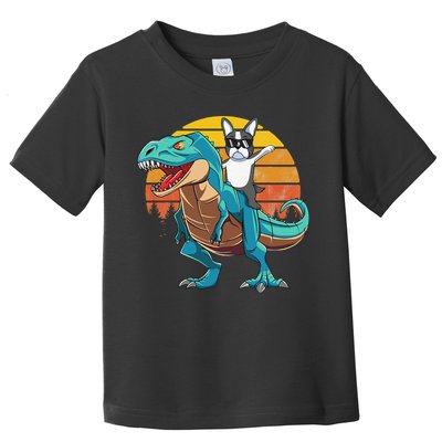Boston Terrier Dog Riding Dinosaur T Rex Toddler T-Shirt