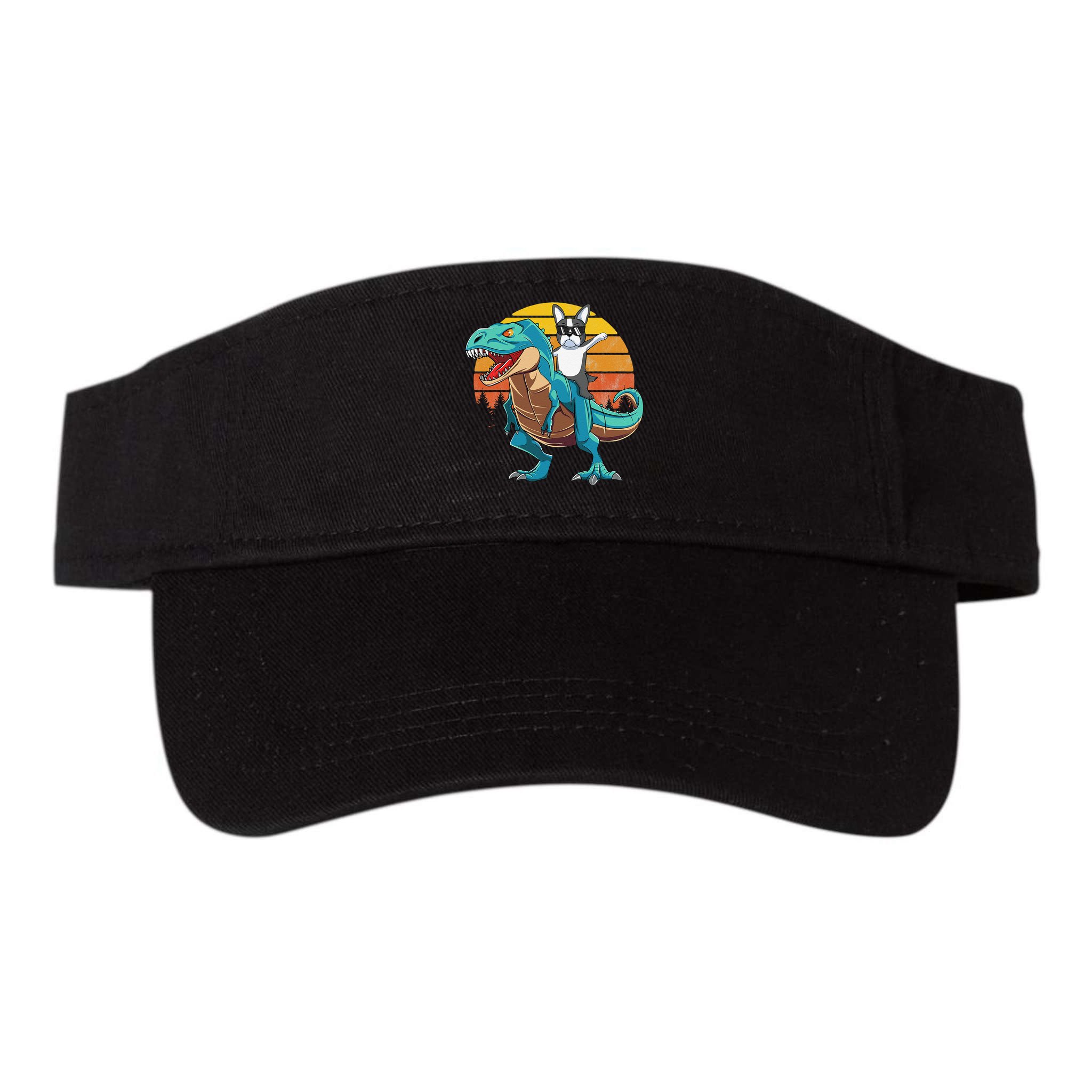 Boston Terrier Dog Riding Dinosaur T Rex Visor