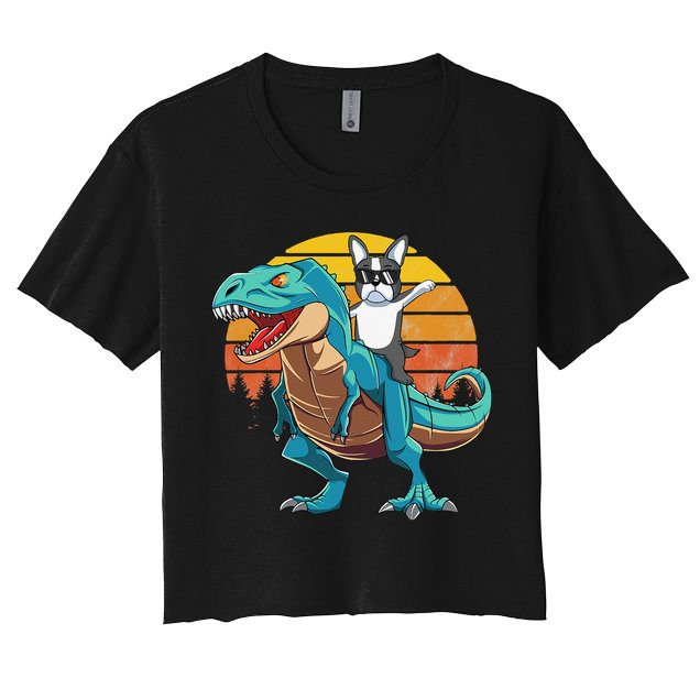 Boston Terrier Dog Riding Dinosaur T Rex Crop Top