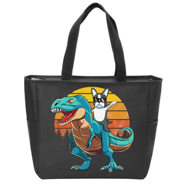 Boston Terrier Dog Riding Dinosaur T Rex Zip Tote Bag