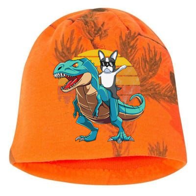 Boston Terrier Dog Riding Dinosaur T Rex Kati - Camo Knit Beanie