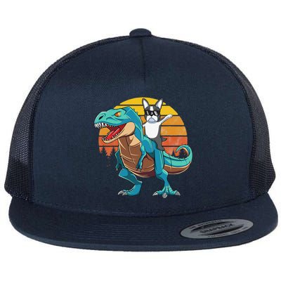 Boston Terrier Dog Riding Dinosaur T Rex Flat Bill Trucker Hat