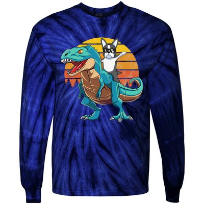 Boston Terrier Dog Riding Dinosaur T Rex Tie-Dye Long Sleeve Shirt