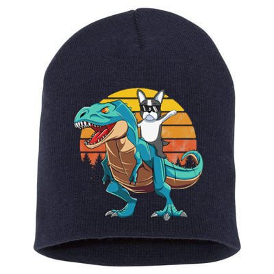 Boston Terrier Dog Riding Dinosaur T Rex Short Acrylic Beanie