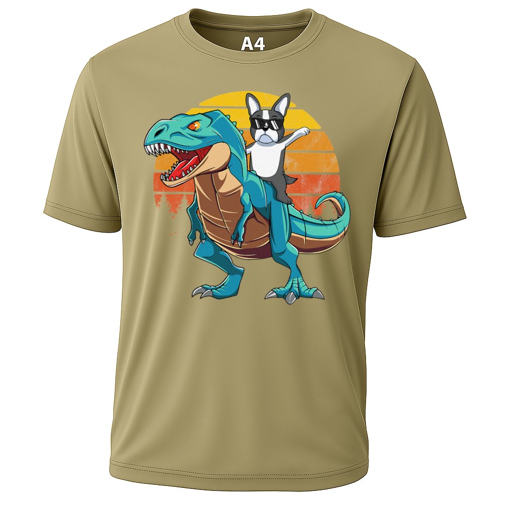 Boston Terrier Dog Riding Dinosaur T Rex Performance Shirt