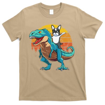 Boston Terrier Dog Riding Dinosaur T Rex T-Shirt