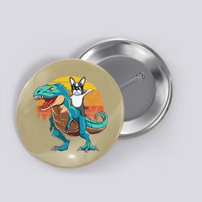 Boston Terrier Dog Riding Dinosaur T Rex Button