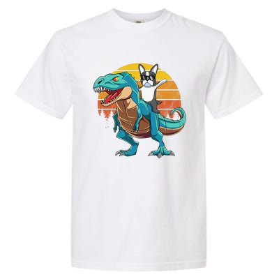 Boston Terrier Dog Riding Dinosaur T Rex Garment-Dyed Heavyweight T-Shirt