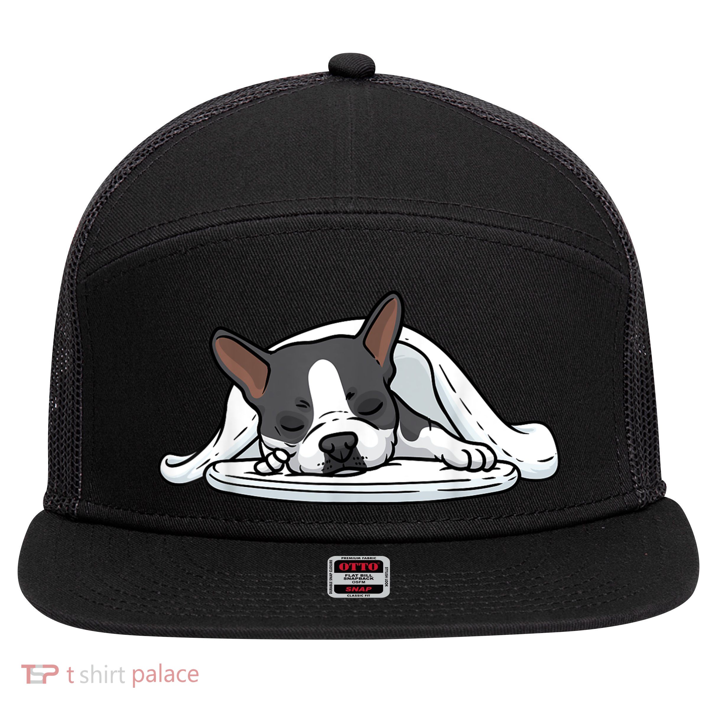 Boston Terrier Dog Sleeping 7 Panel Mesh Trucker Snapback Hat