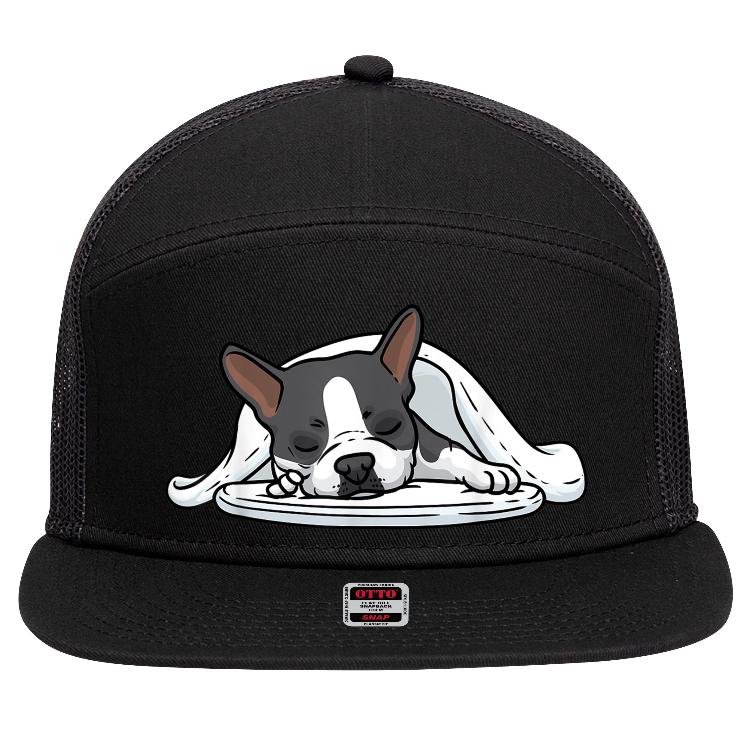 Boston Terrier Dog Sleeping 7 Panel Mesh Trucker Snapback Hat
